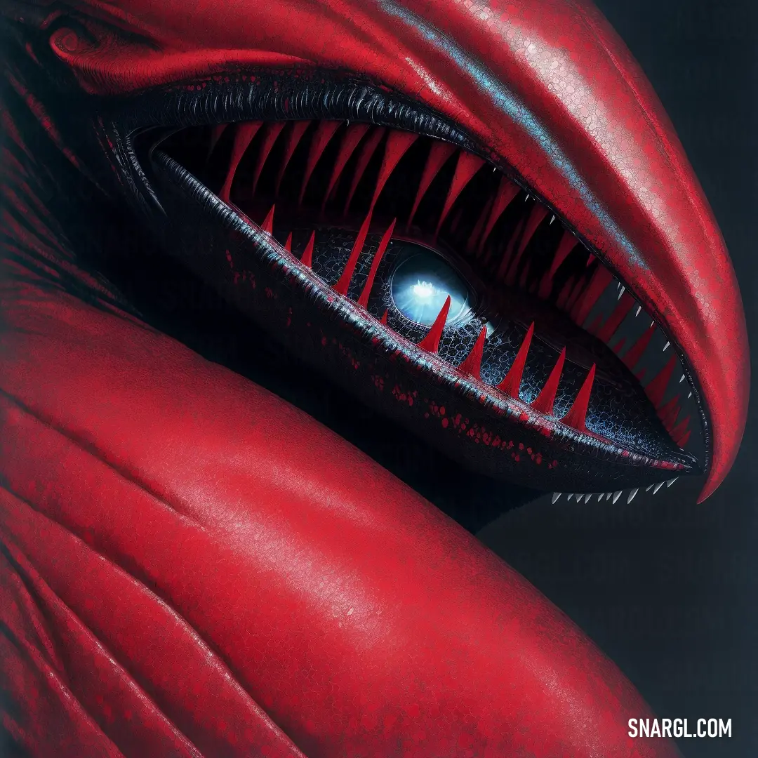 Close up of a red alien creature with a blue eye and long black eyelashes