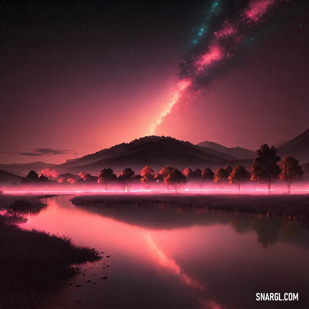 Lake with a mountain in the background and a pink sky with stars above it and a pink and green light