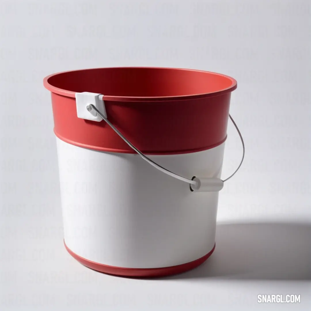 Red and white bucket with a white handle and a red lid and a white handle. Example of #CB4154 color.