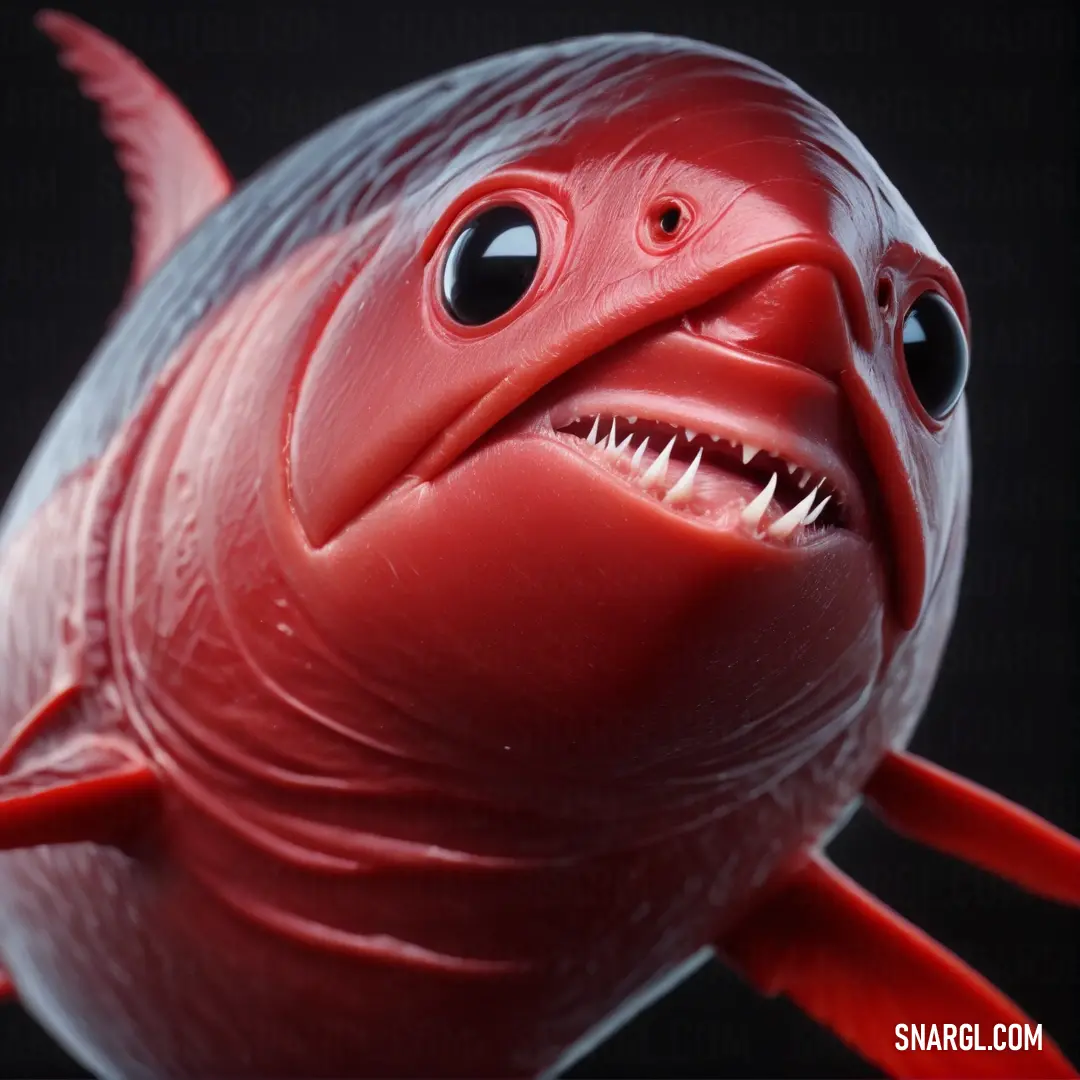 Red plastic toy with a big mouth and teeth on its face and mouth is shown in the shape of a fish. Color CMYK 0,68,59,20.