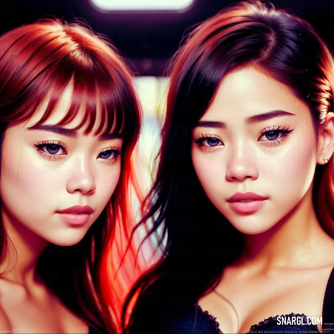 Two asian women with long hair and blue eyes are looking at the camera and one is wearing a black bra