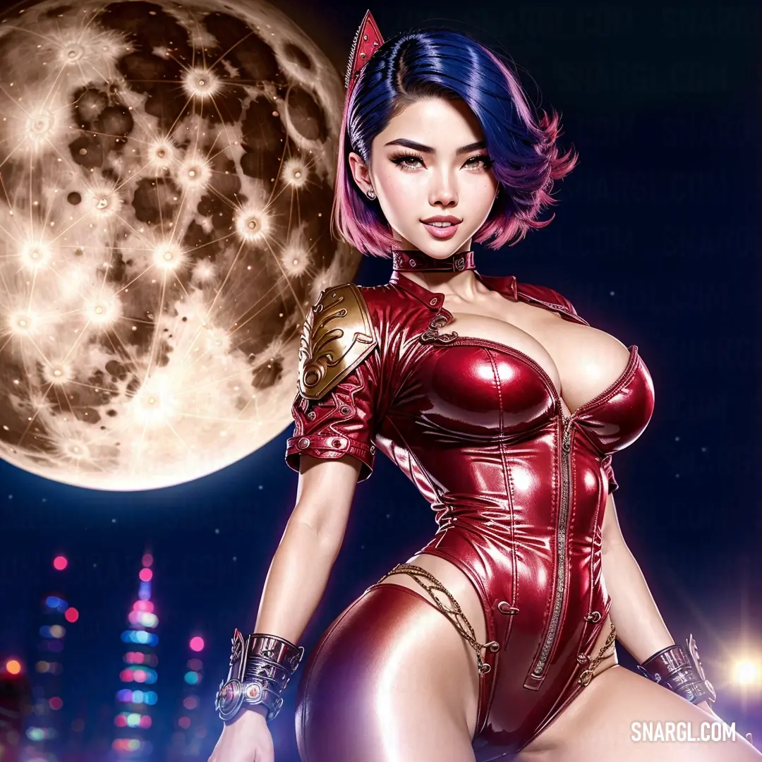 Woman in a red leather outfit standing in front of a full moon