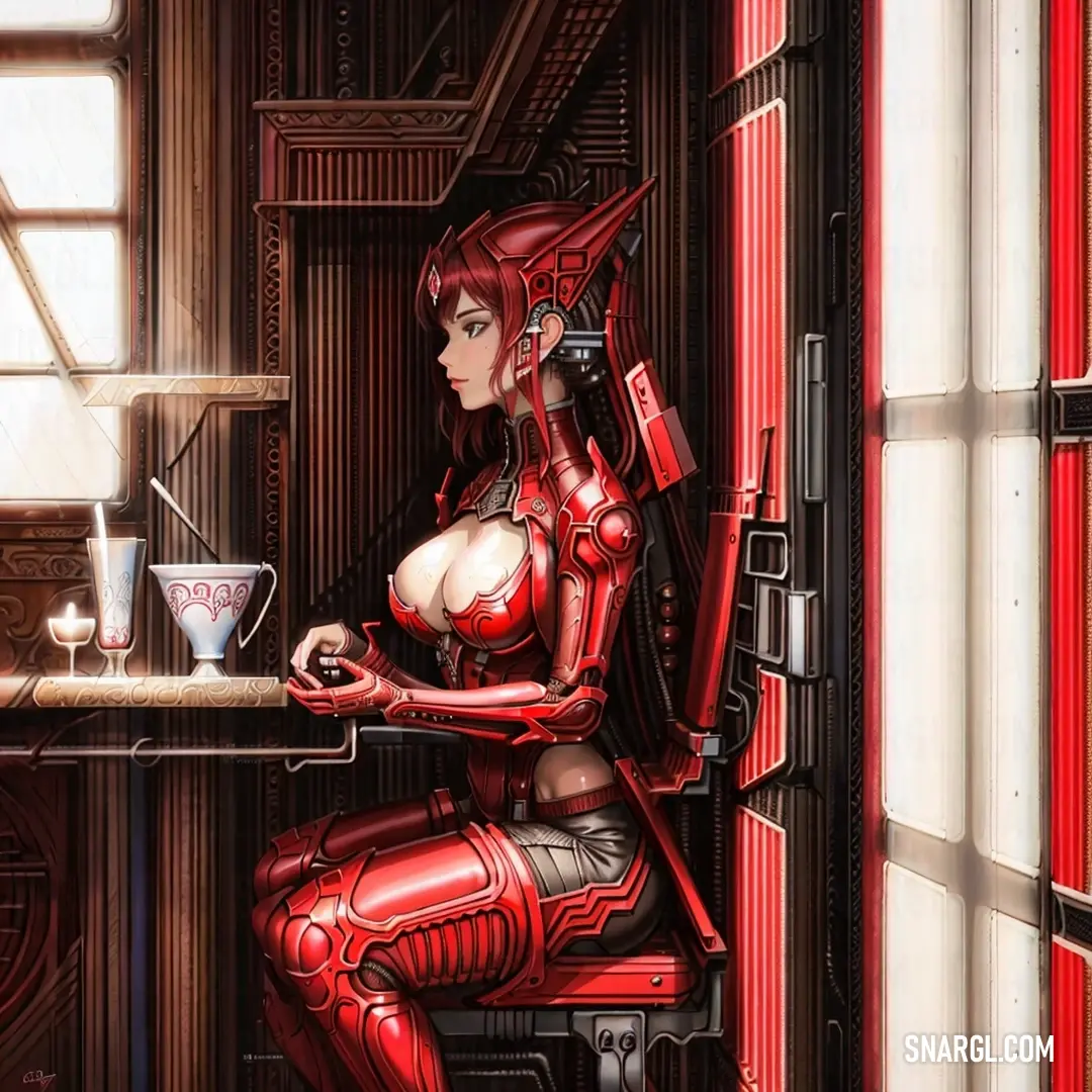 Woman in a red suit on a chair next to a window with a cup of coffee in front of her
