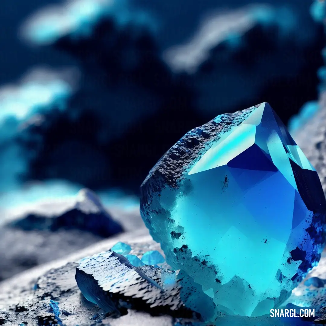 Blue diamond on top of a rock next to a blue sky and clouds background