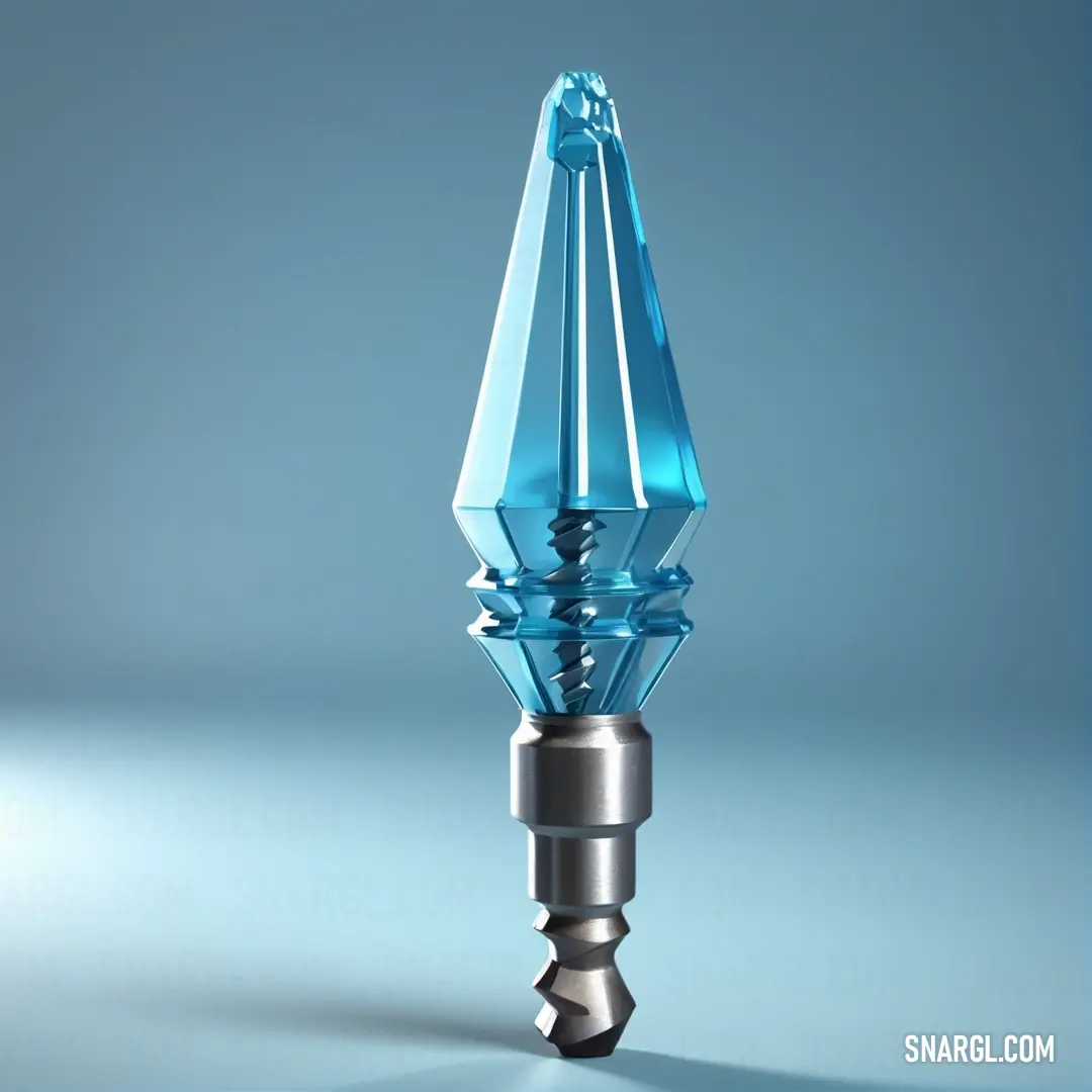 Blue glass object with a metal base and a metal tip on a blue background. Example of CMYK 86,20,0,16 color.