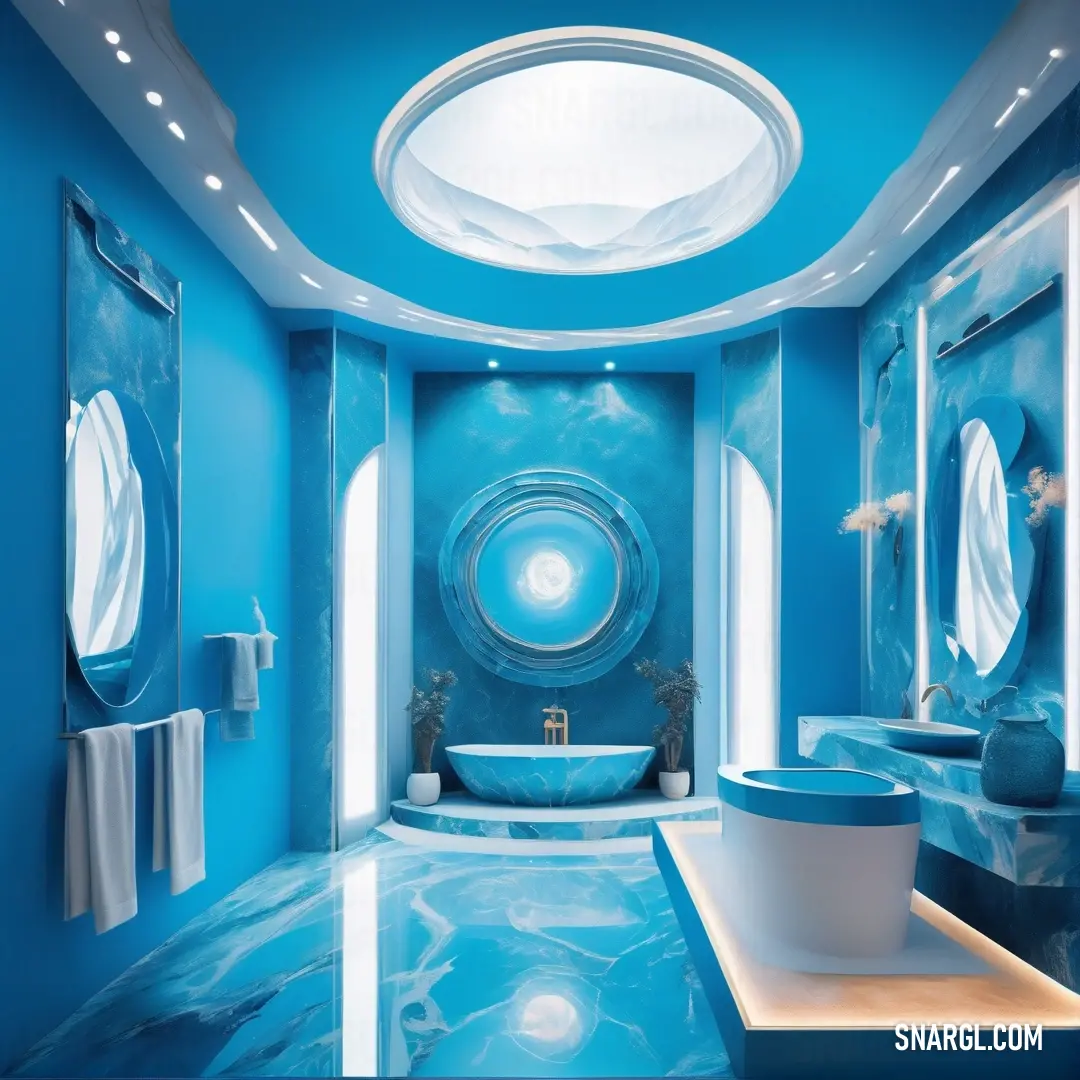 Bathroom with a blue wall and a round ceiling light above the tub and sink area of the room. Example of Bright cerulean color.