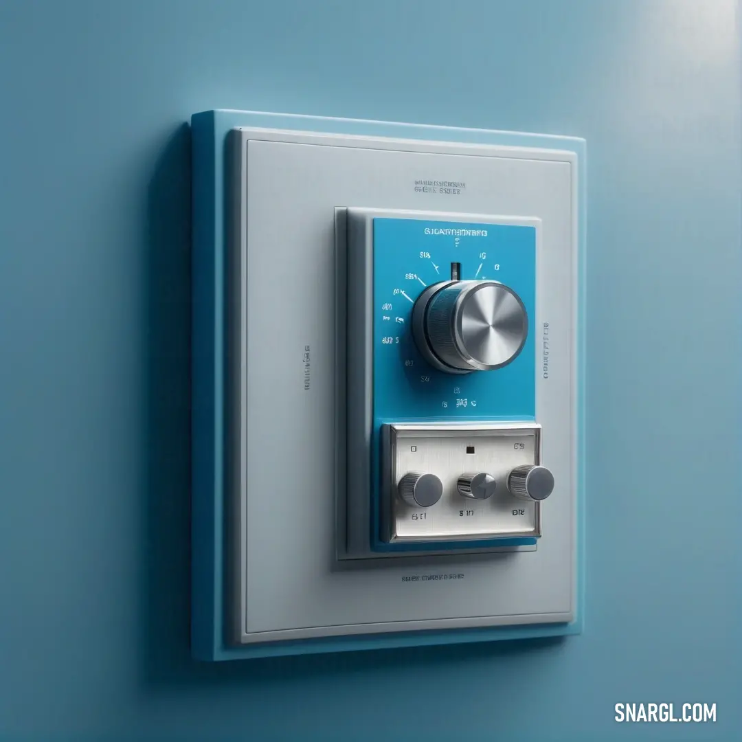 Blue and white wall mounted device on a wall with a button on it's side. Color CMYK 86,20,0,16.