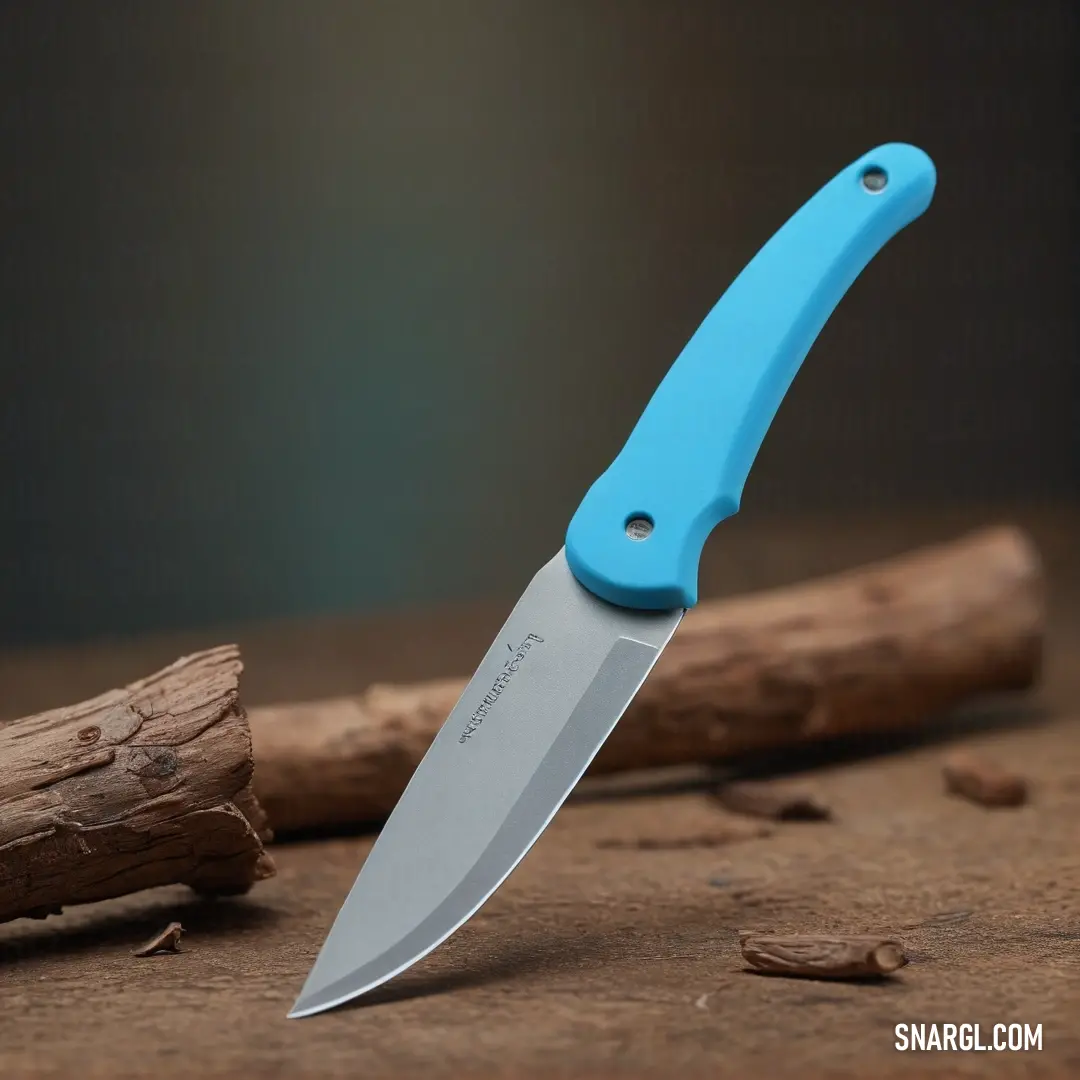 Bright cerulean color. Blue knife on top of a wooden table next to a piece of wood