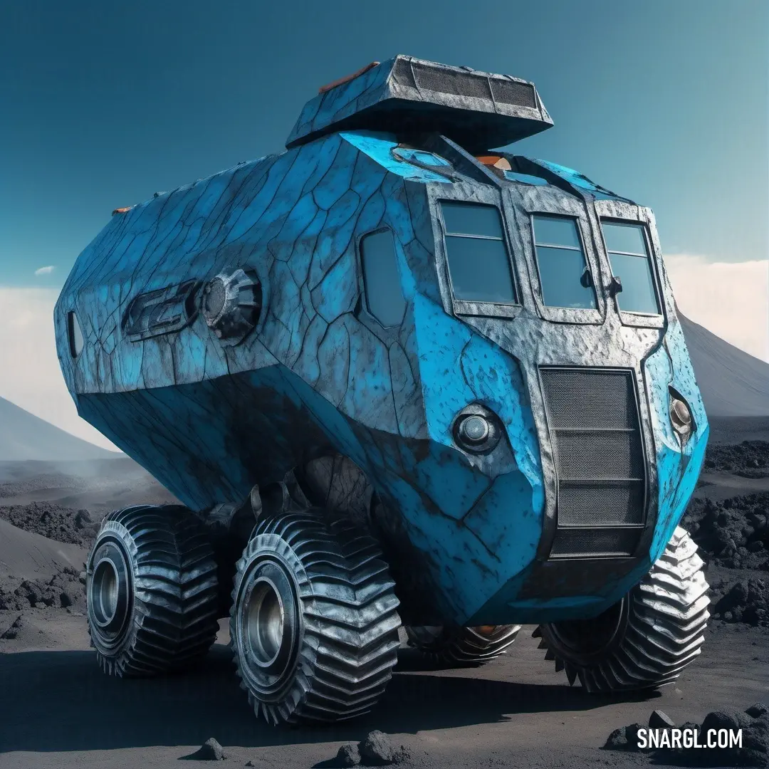 Large blue vehicle with big wheels on a desert plain with mountains in the background. Color #1DACD6.