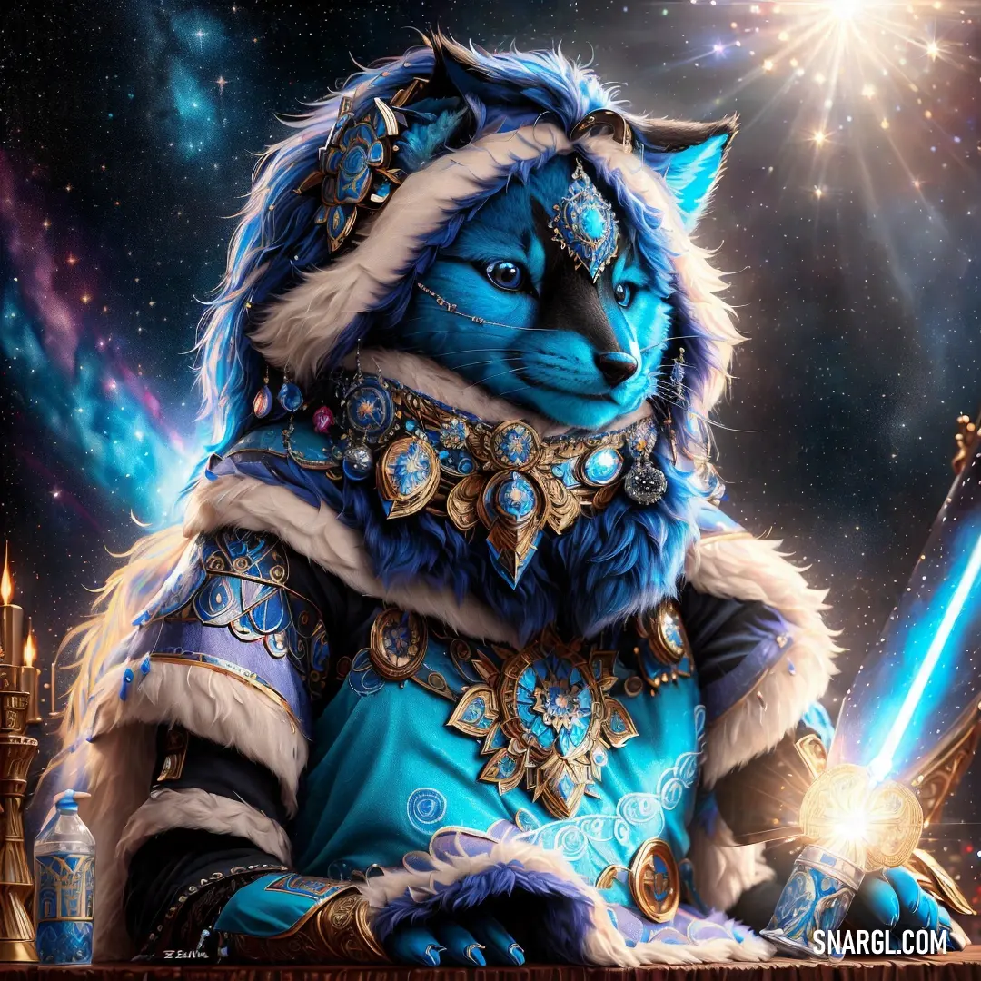 Cat dressed in a costume holding a sword and a light saber in its paws with a sky background