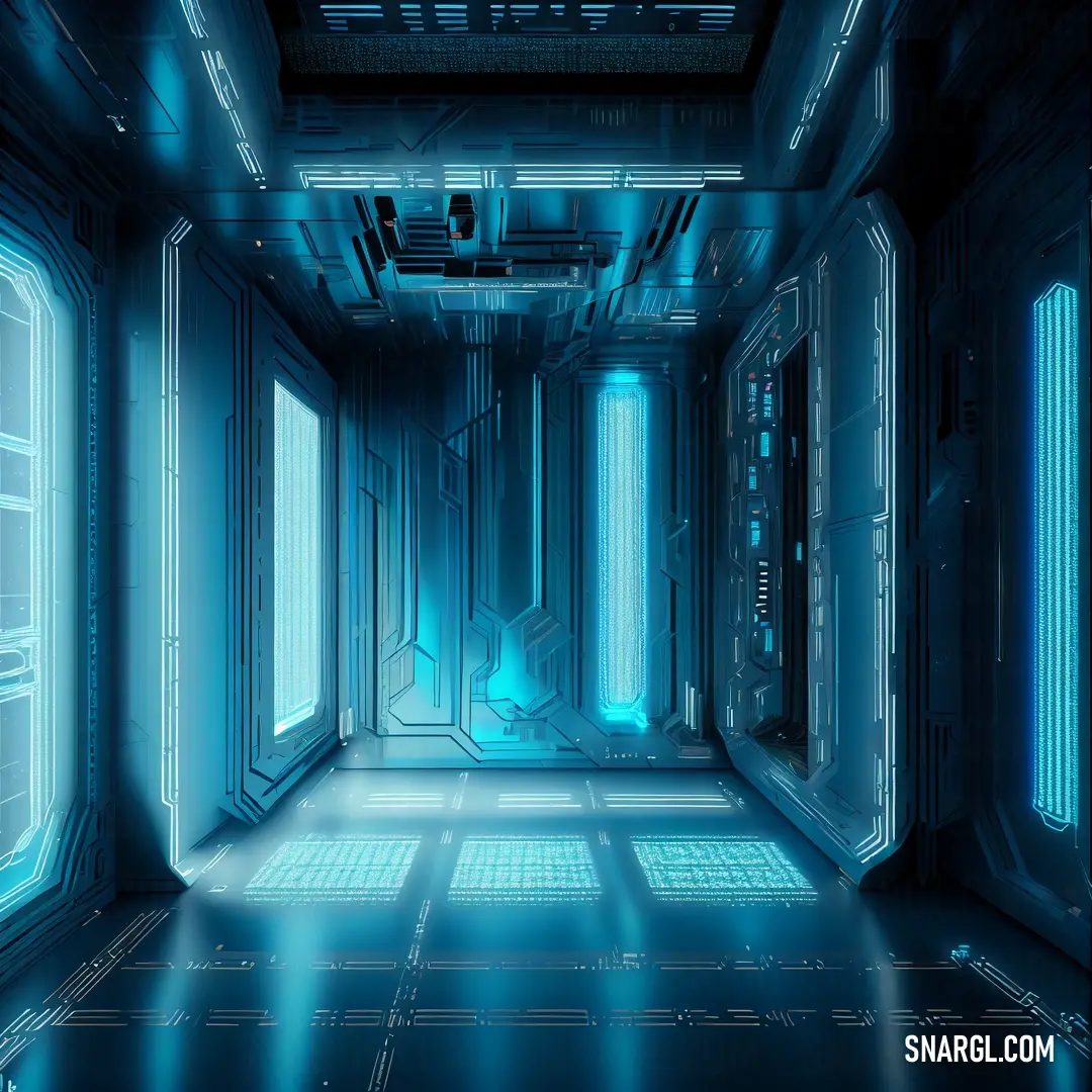 Futuristic hallway with blue lights and a lot of windows in it