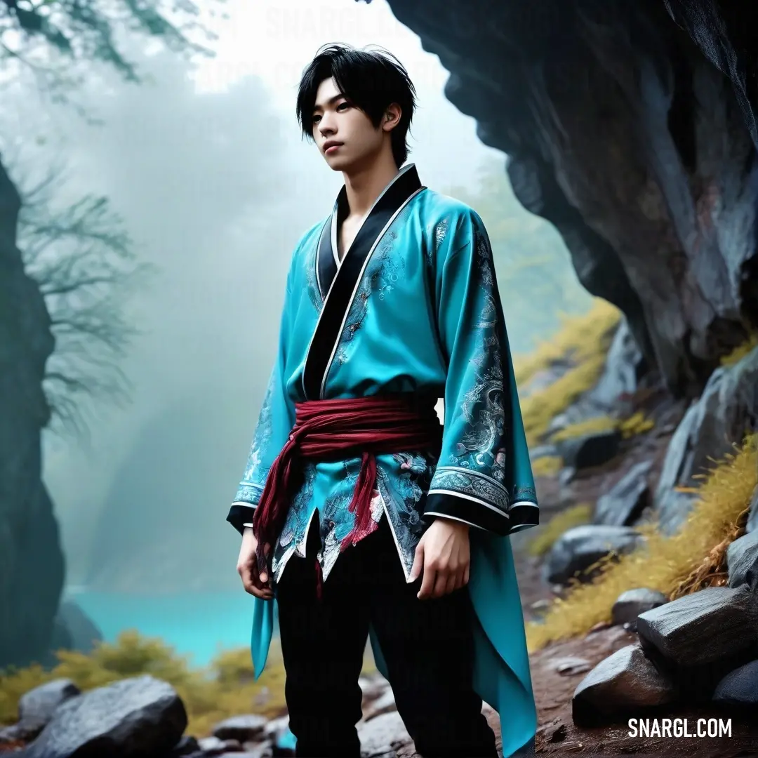 Man in a blue robe standing in a cave with a river in the background. Color CMYK 86,20,0,16.