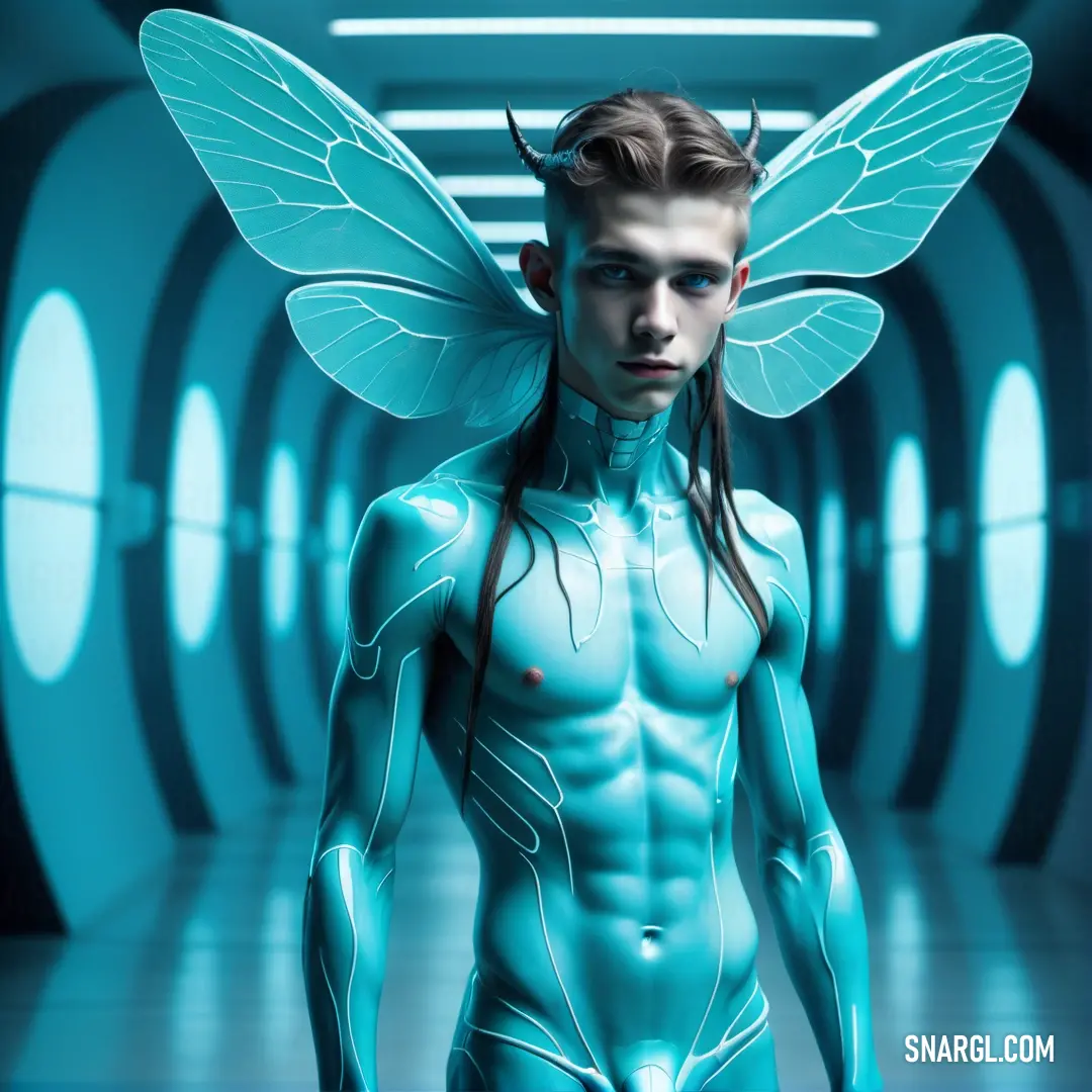 Man with a blue body and wings on his head and chest