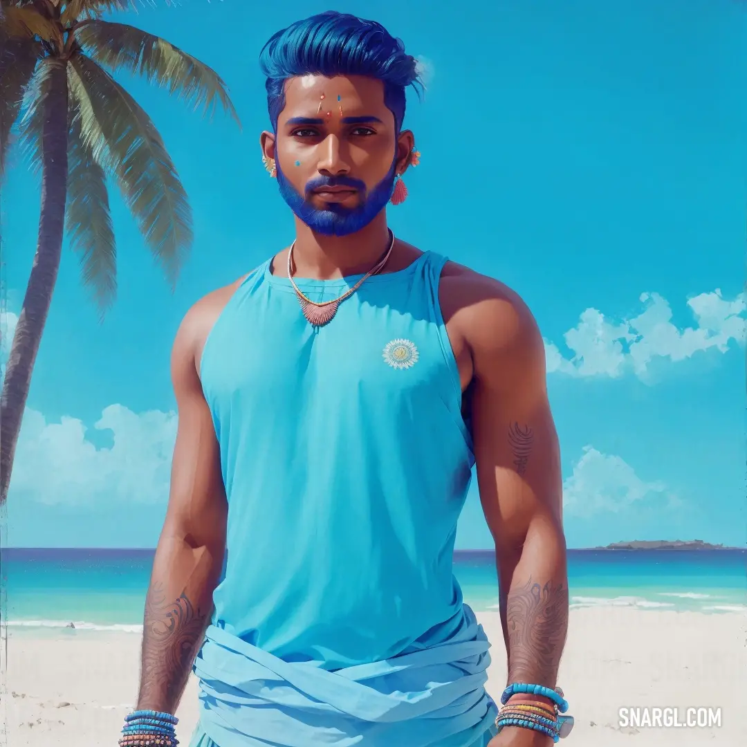 Man with blue hair and a blue shirt on a beach with a palm tree in the background