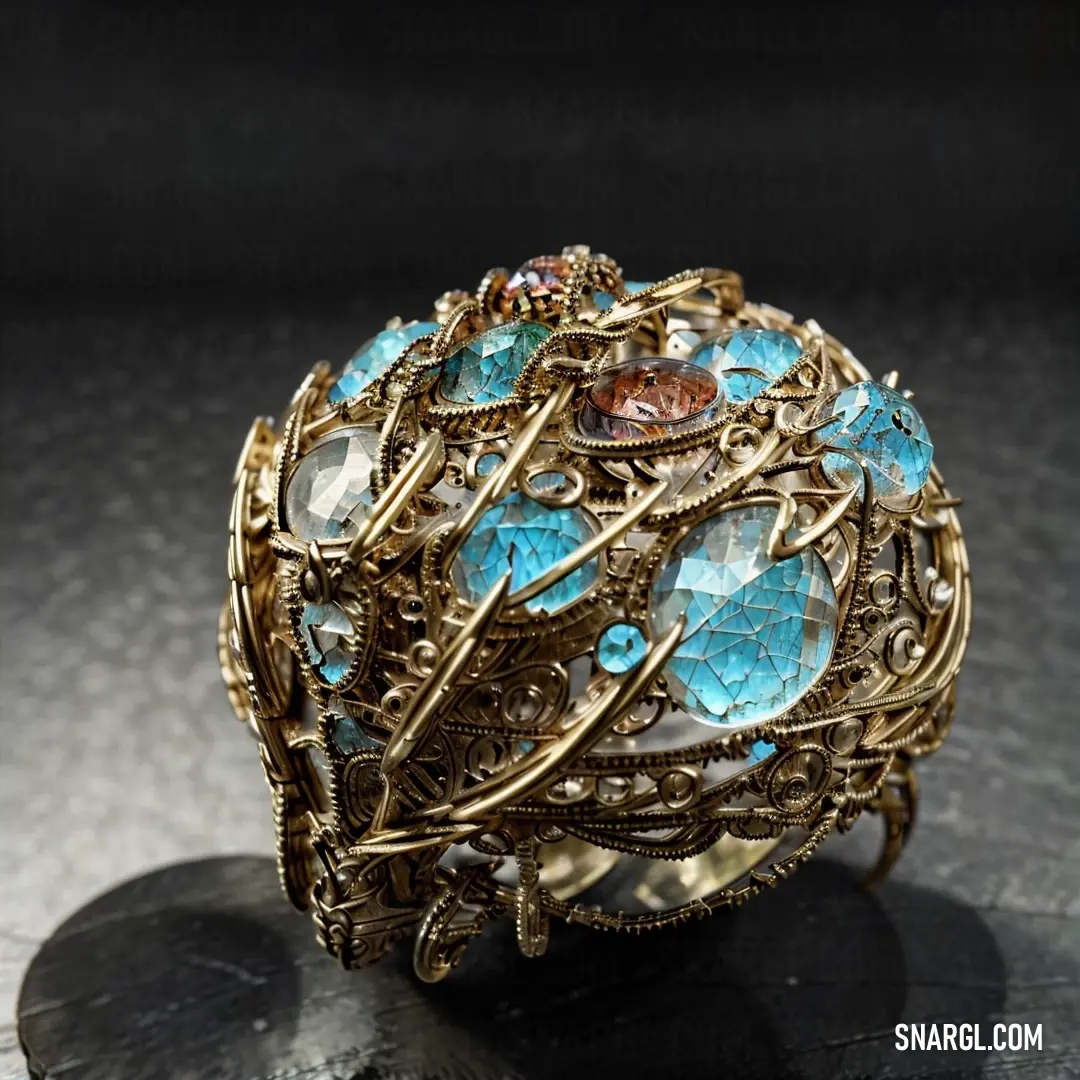 Ring with a bunch of different colored stones on it's surface