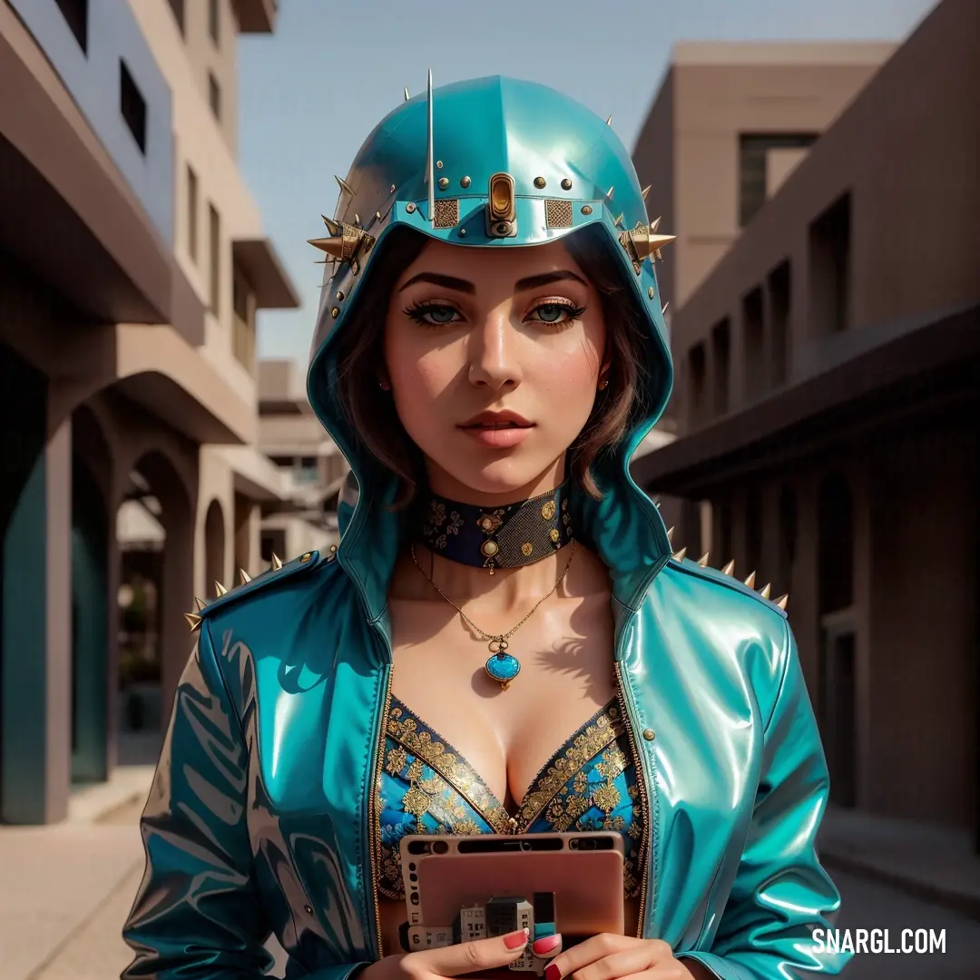 Woman in a blue leather outfit and a helmet holding a box of jewelry in her hands and a building in the background