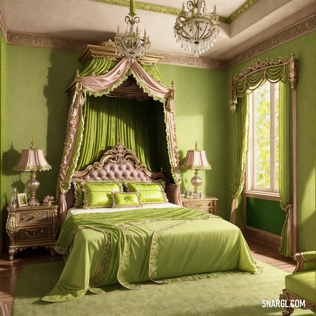 Bright green color example: Bedroom with a green bed and a chandelier and a green chair and a green rug