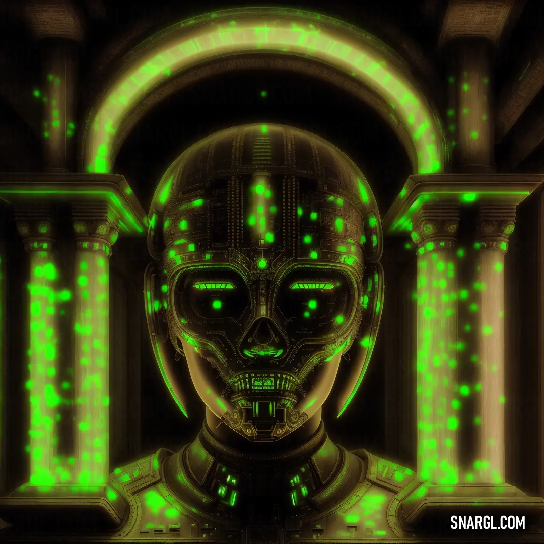 Green alien head in a doorway with columns. Color RGB 102,255,0.