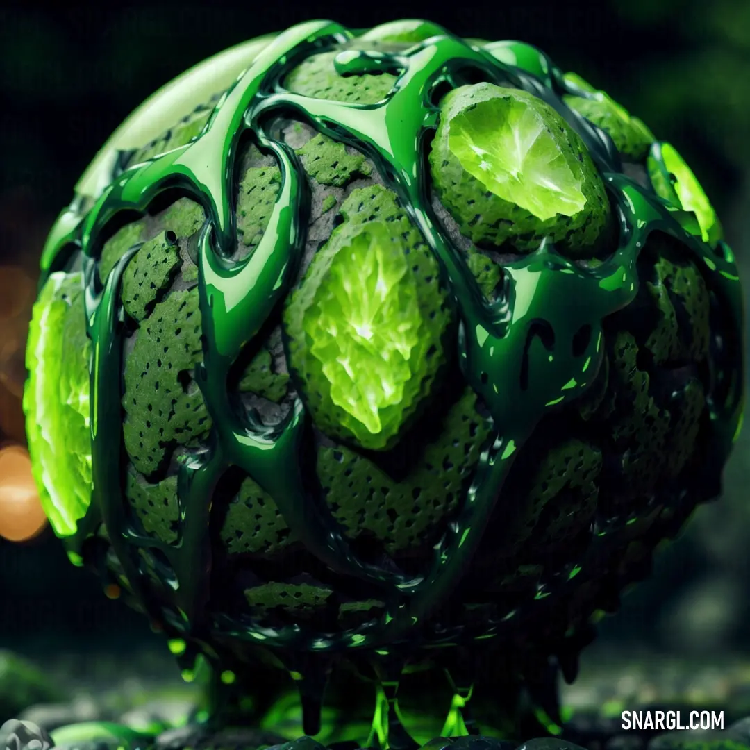 Green ball with green leaves on it on a rock covered in water droplets