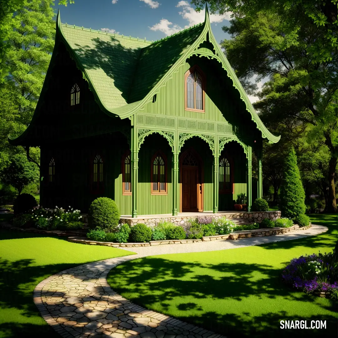 Green house with a green roof and a walkway in front of it and a green lawn and trees