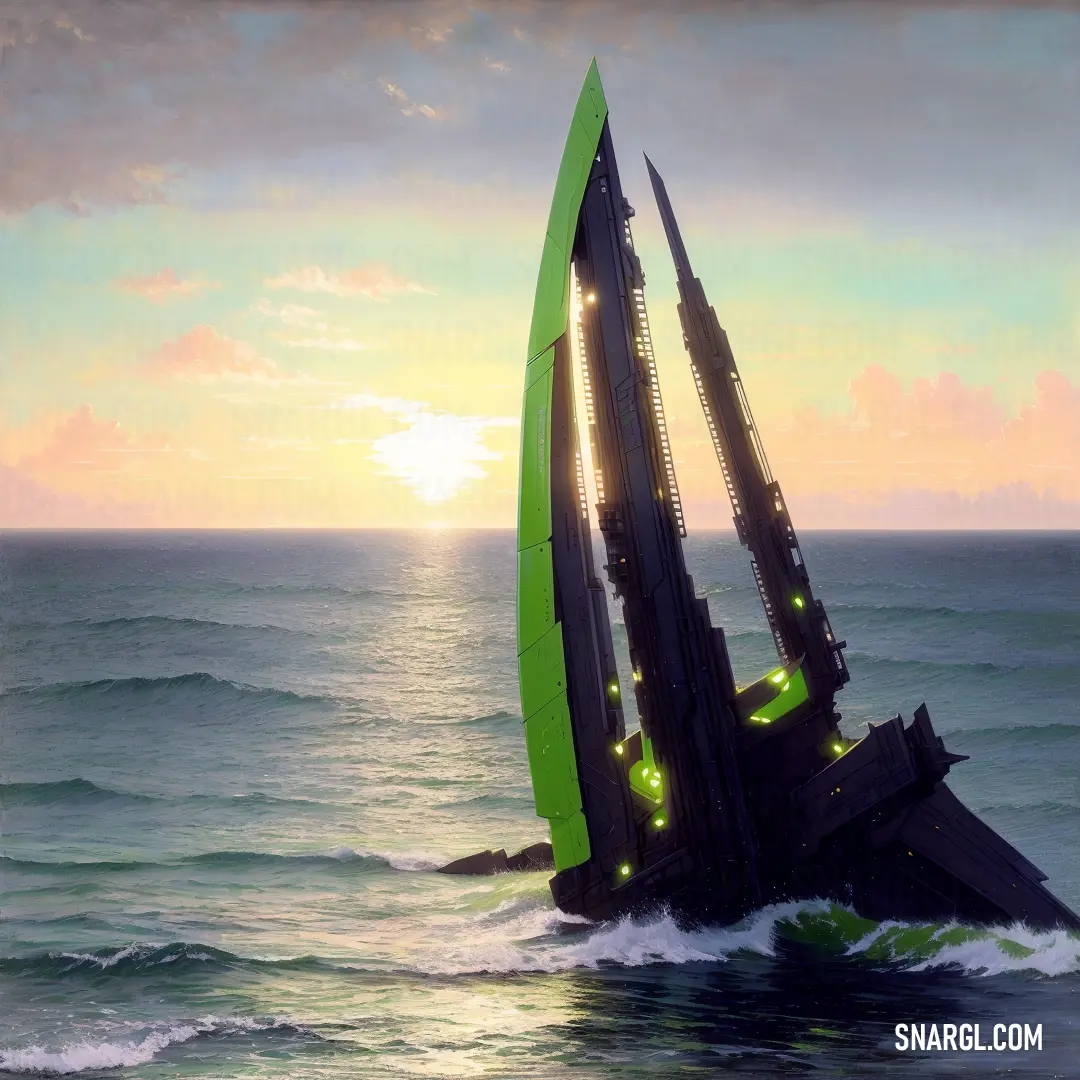 Green sailboat is sinking in the ocean at sunset or sunrise time