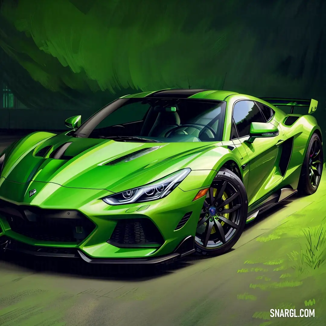 Green sports car is shown in a painting style