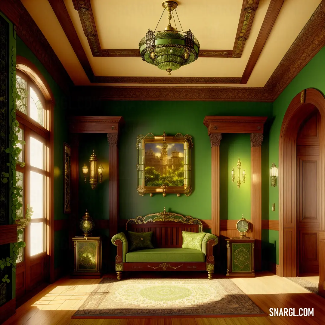 Living room with a green couch and a chandelier hanging from the ceiling and a wooden floor. Color Bright green.