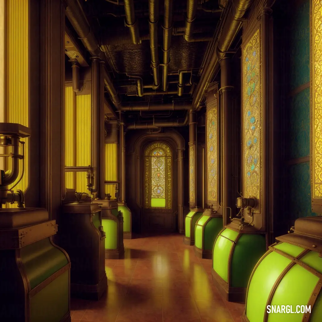 Long hallway with green and yellow chairs and a window in the background. Color RGB 102,255,0.