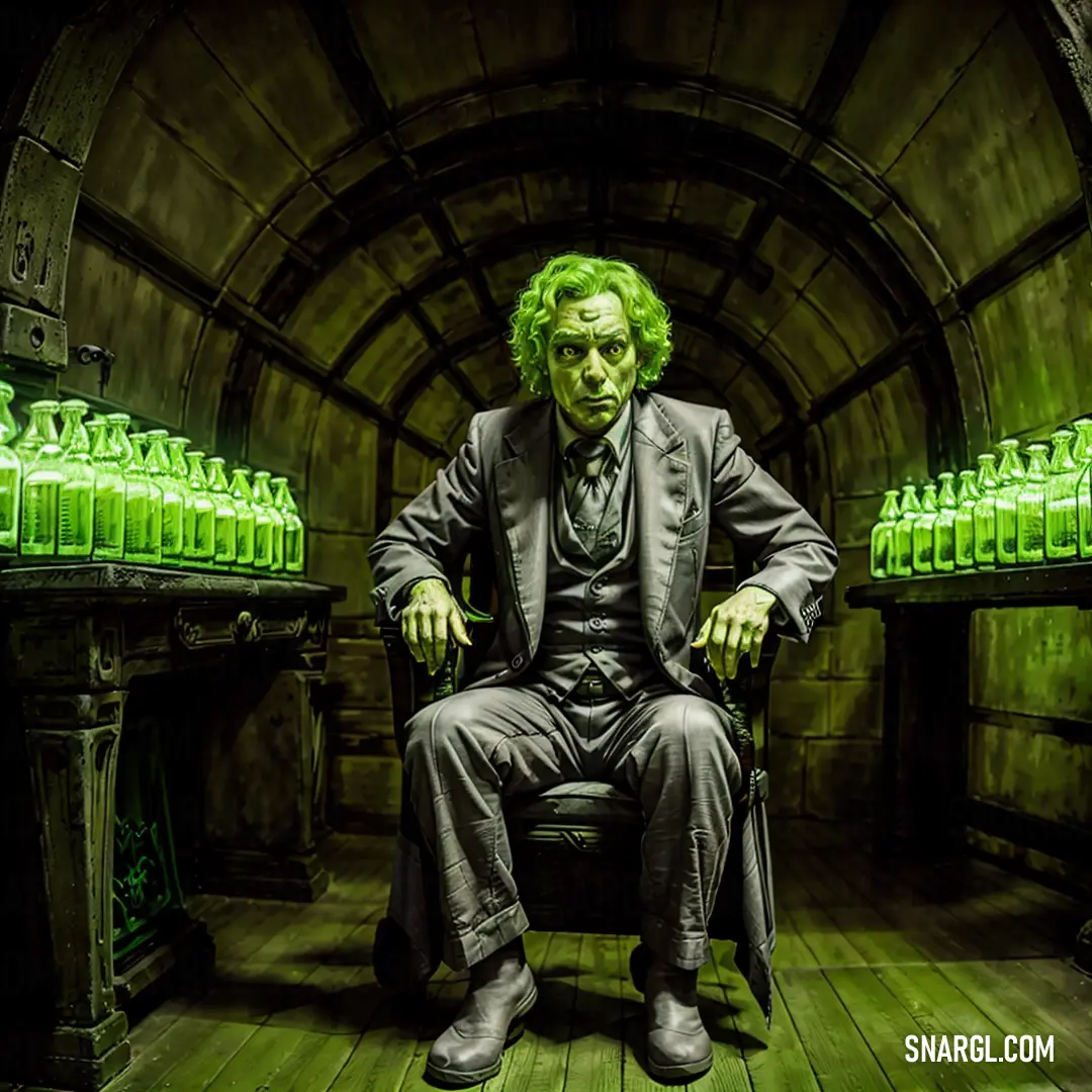 Man in a chair with green bottles behind him in a dark room with a wooden floor and walls