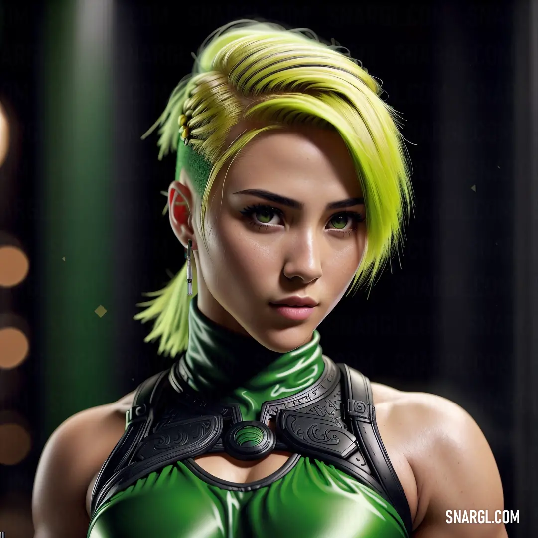Woman with green hair and a green outfit with a black collar and a green top