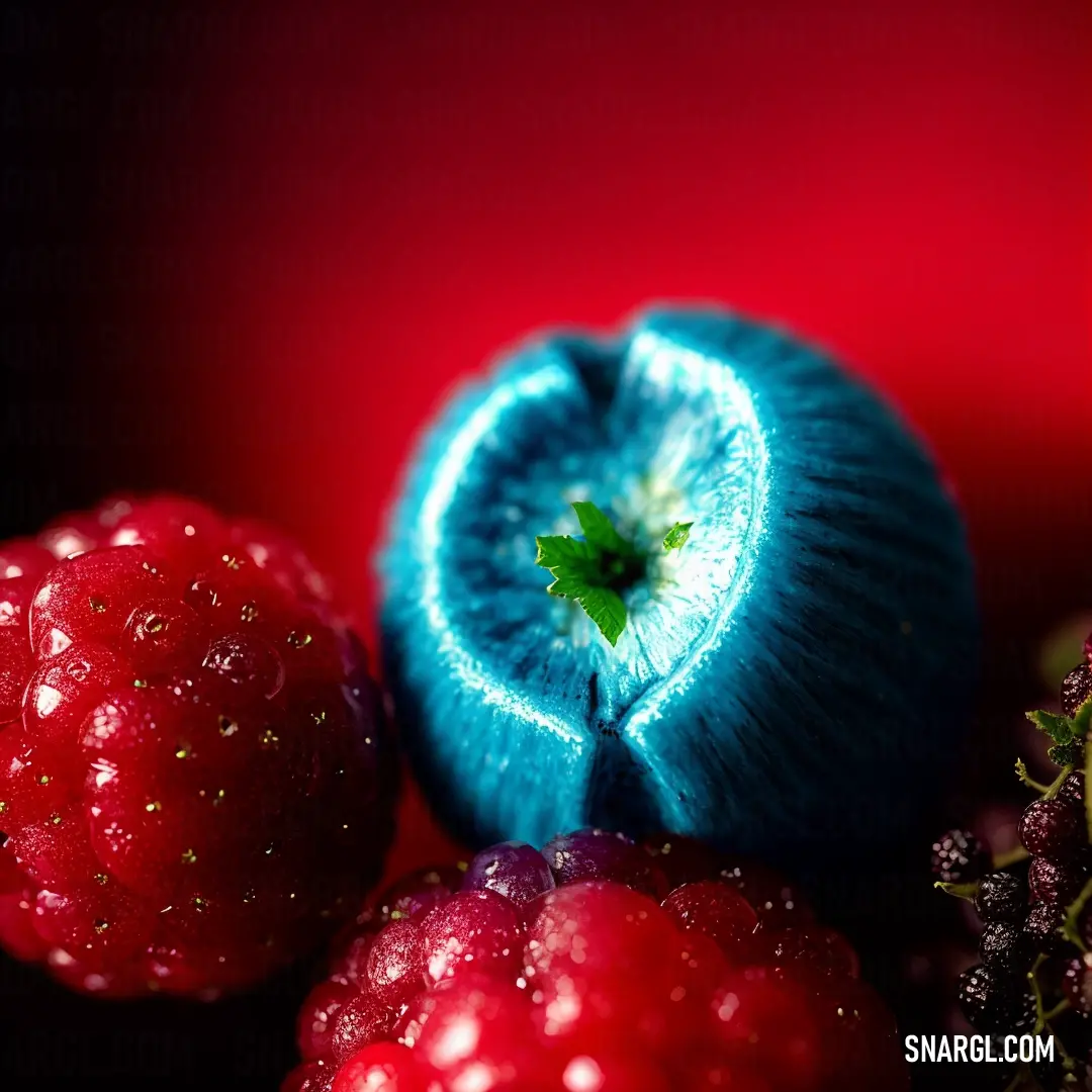 Blue object with a green center surrounded by berries and other fruit items on a red background