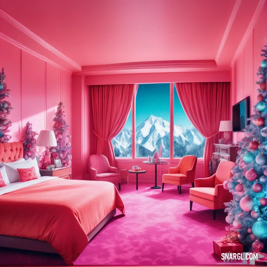 Bedroom with a pink and red theme and a christmas tree in the corner of the room. Color #C32148.