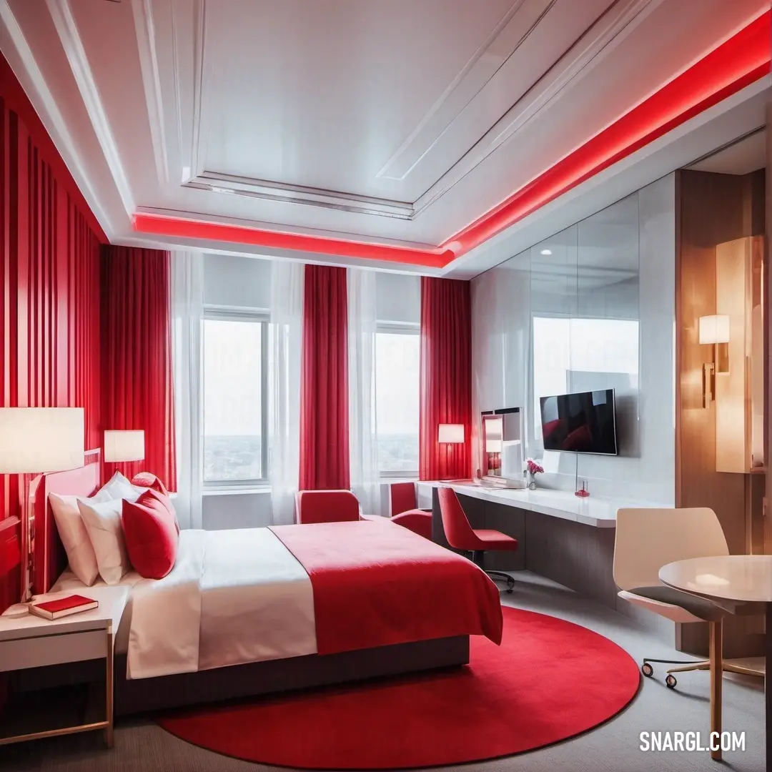 Bedroom with a red and white bed and a red rug on the floor and a red. Color RGB 195,33,72.