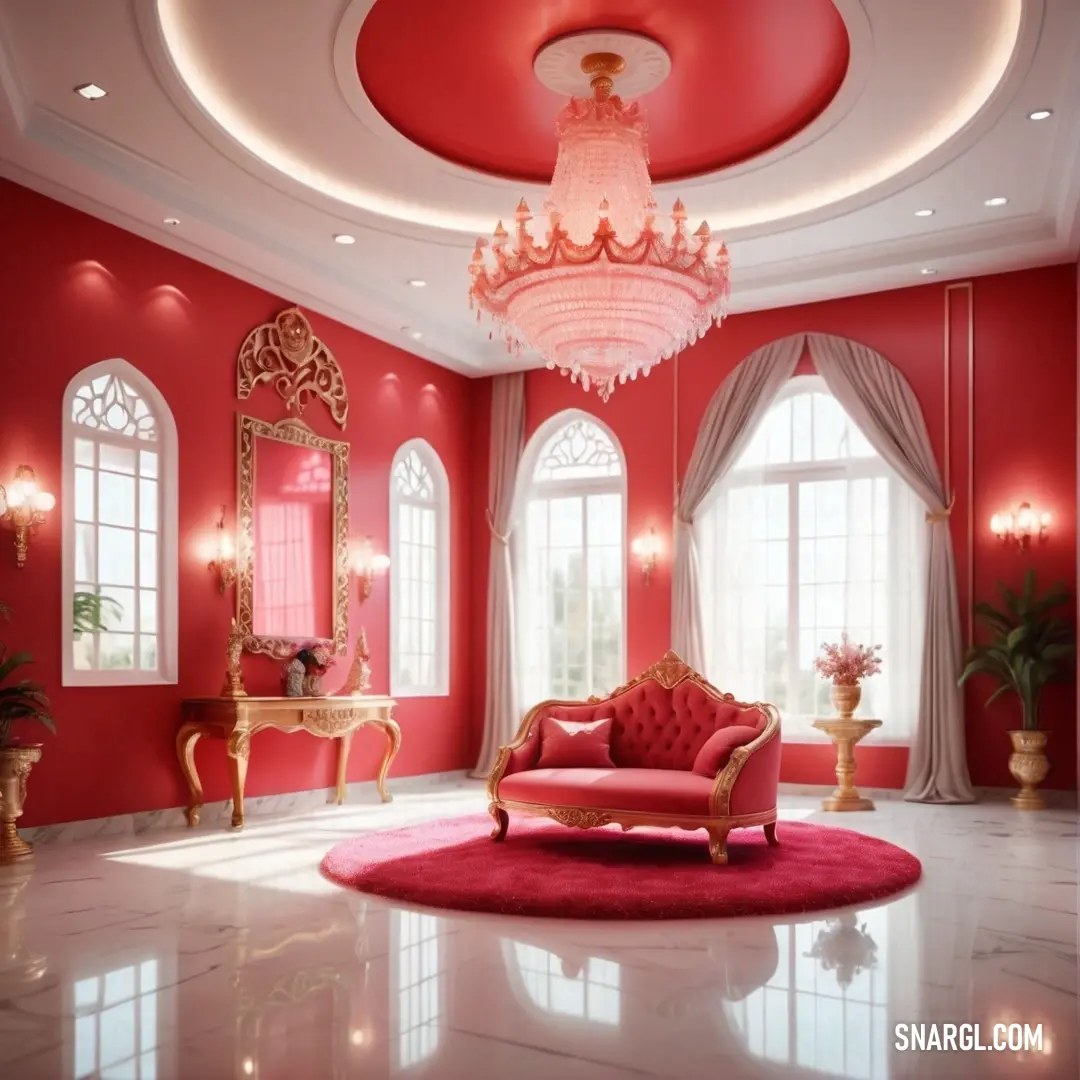 Living room with a red couch and a chandelier in it's centerpieces and a pink rug. Color RGB 195,33,72.