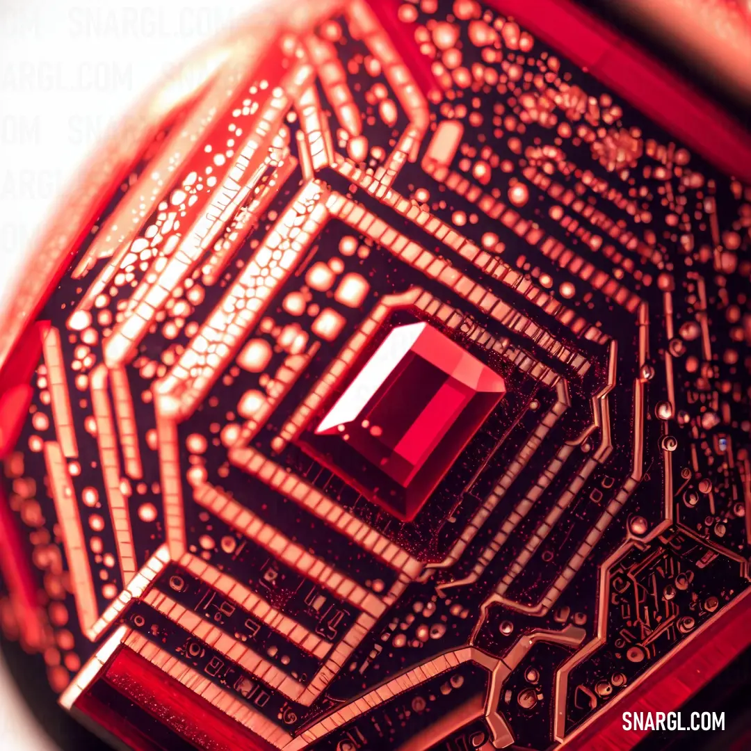 Close up of a computer chip with a red diamond on it's side and a white background