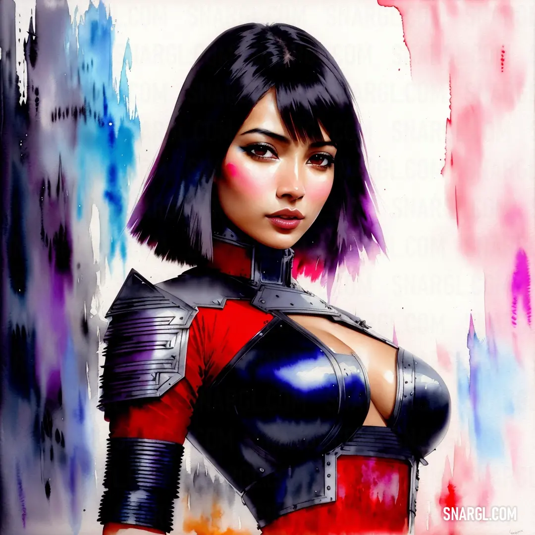 Painting of a woman in a red and black outfit with a black hair and a red top