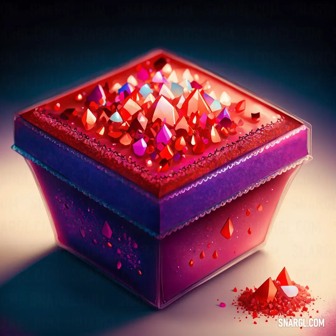 Purple box with red crystals in it and a red substance in the middle of it on a purple surface