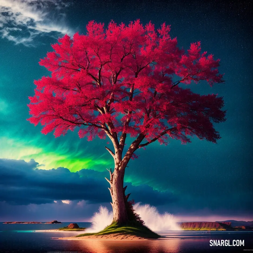 Tree with red leaves on a beach under a green and blue sky with clouds and stars in the sky