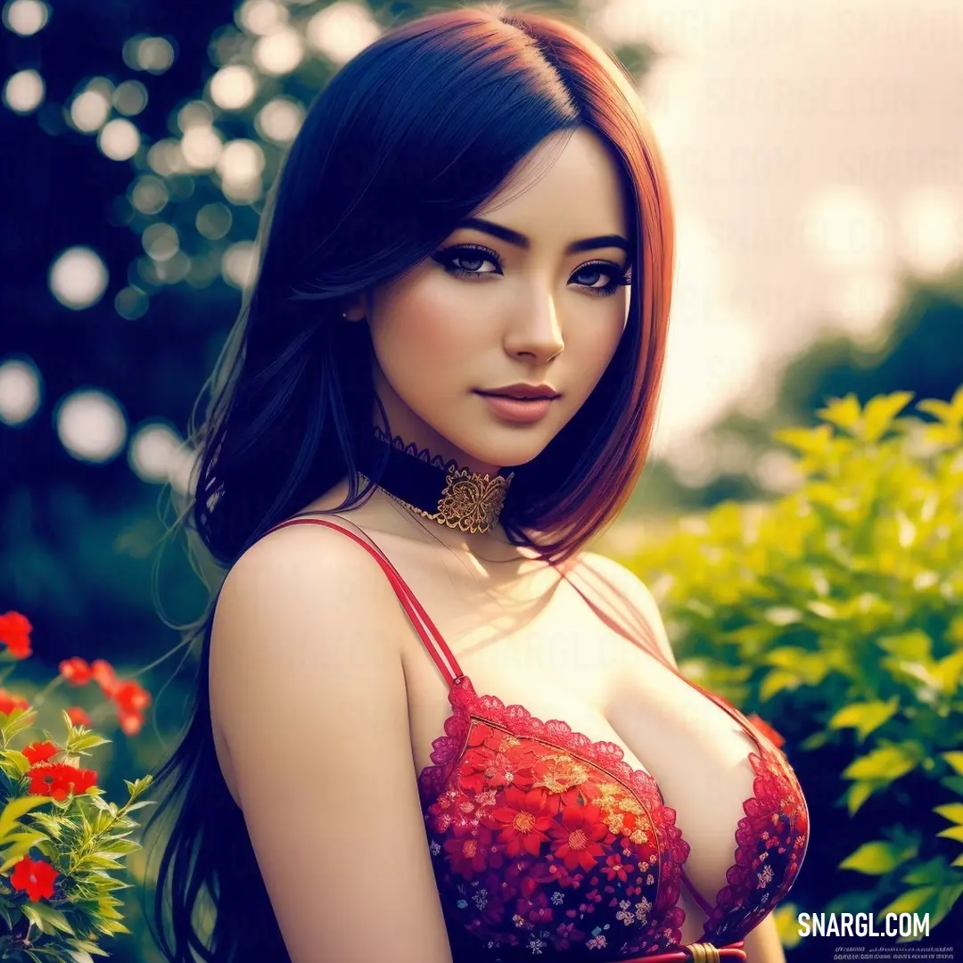 Woman with a red bra and a choker on her neck posing for a picture in a garden