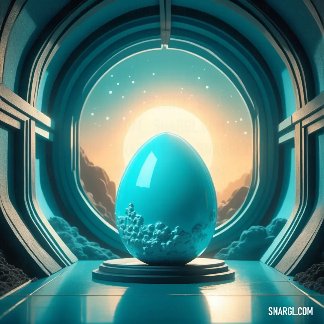 Blue egg on top of a table in a room with a sky background and clouds around it
