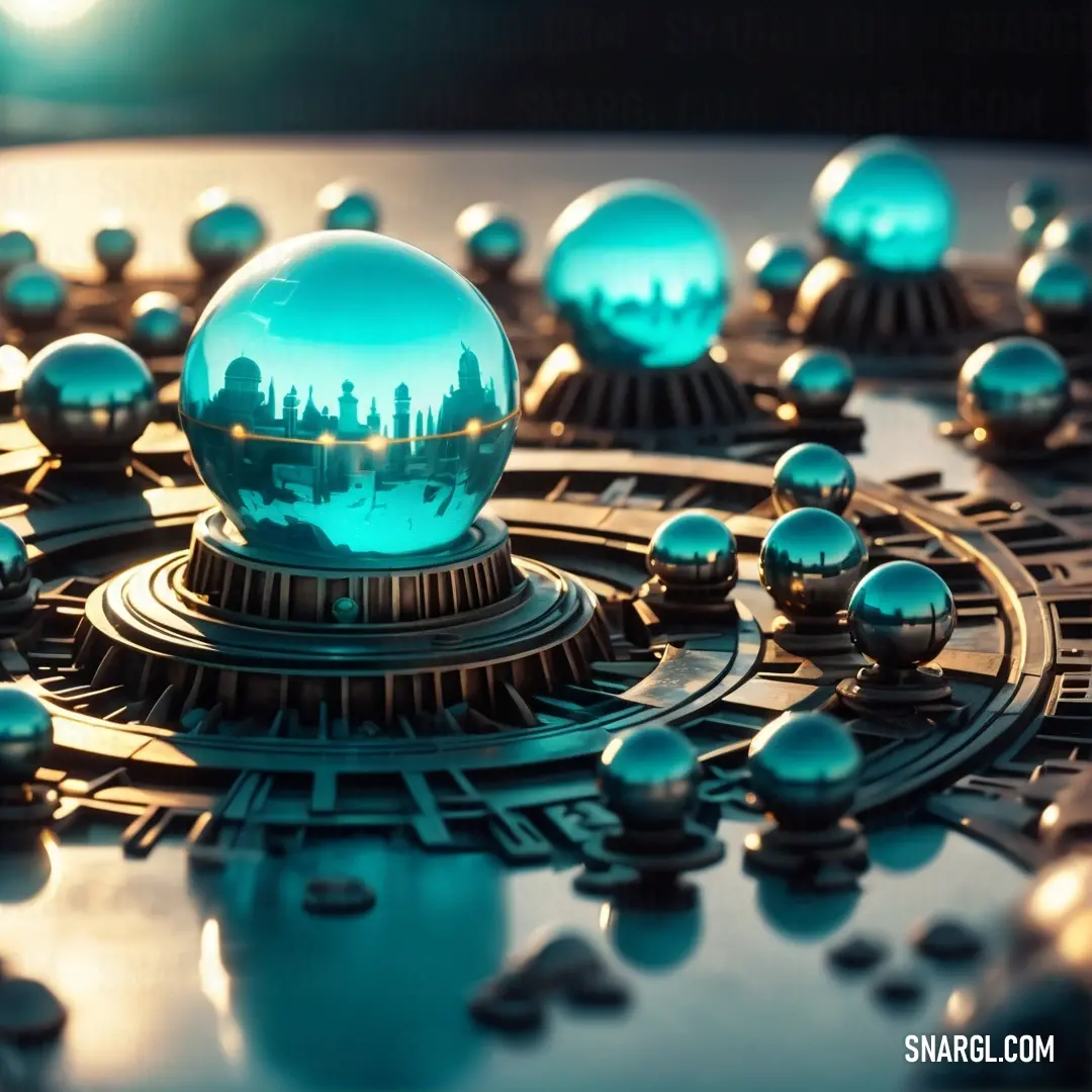 Close up of a metal object with a city in it's center surrounded by shiny balls and a sun. Example of RGB 8,232,222 color.