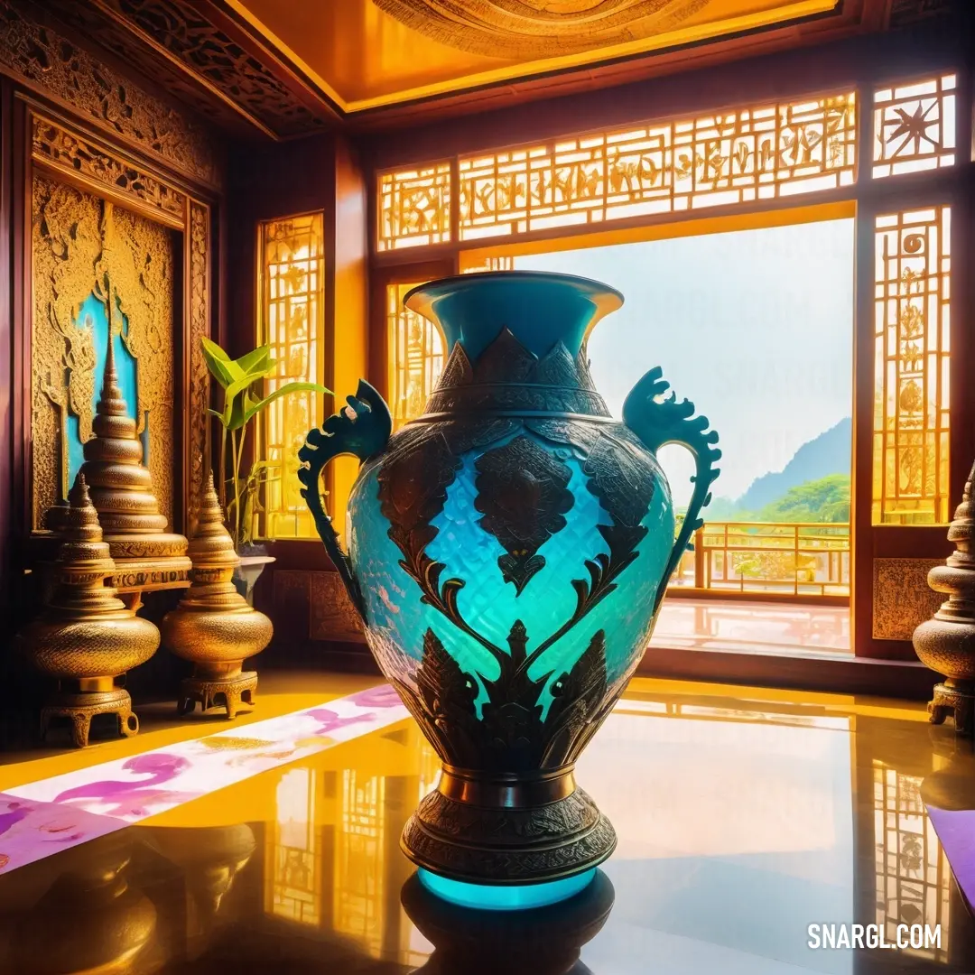 Vase on a table in front of a window with a view of mountains and a valley outside. Color RGB 8,232,222.