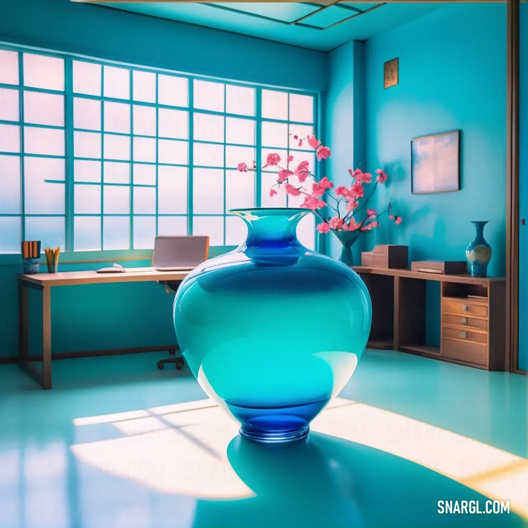 Bright turquoise color. Vase with flowers in it on a table in a room with a window and a desk with a laptop