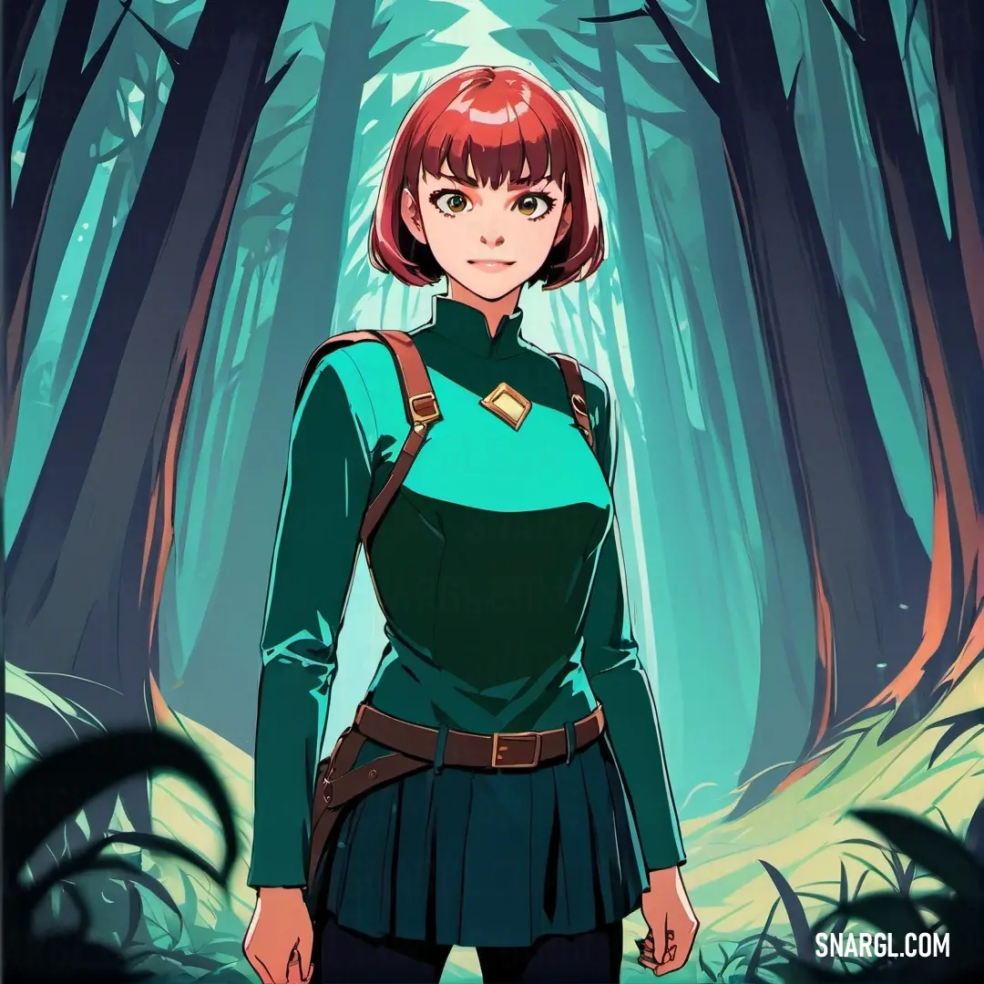 Woman in a green shirt and a backpack in a forest with trees and grass on either side of her. Example of RGB 8,232,222 color.