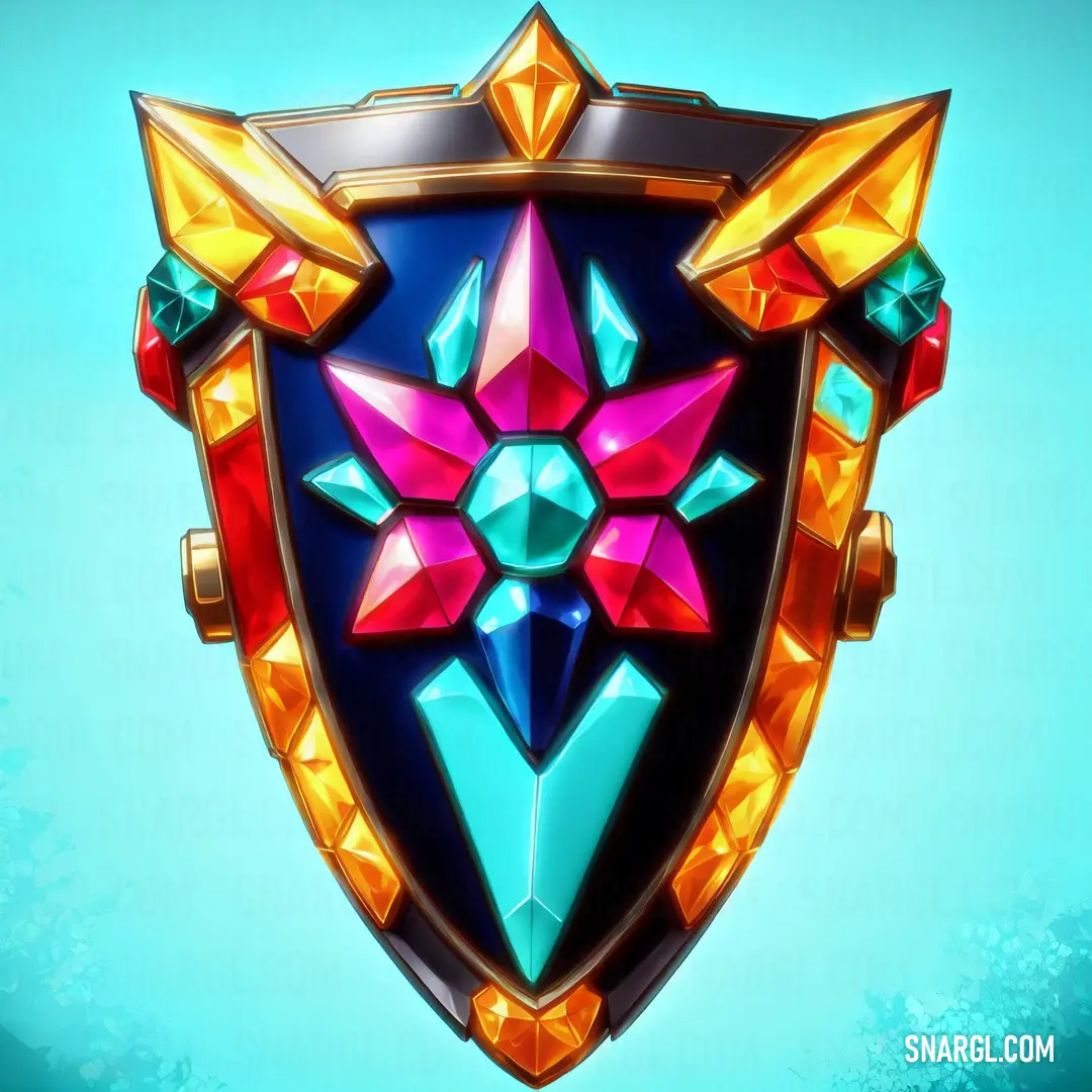 Colorful shield with jewels on it against a blue background