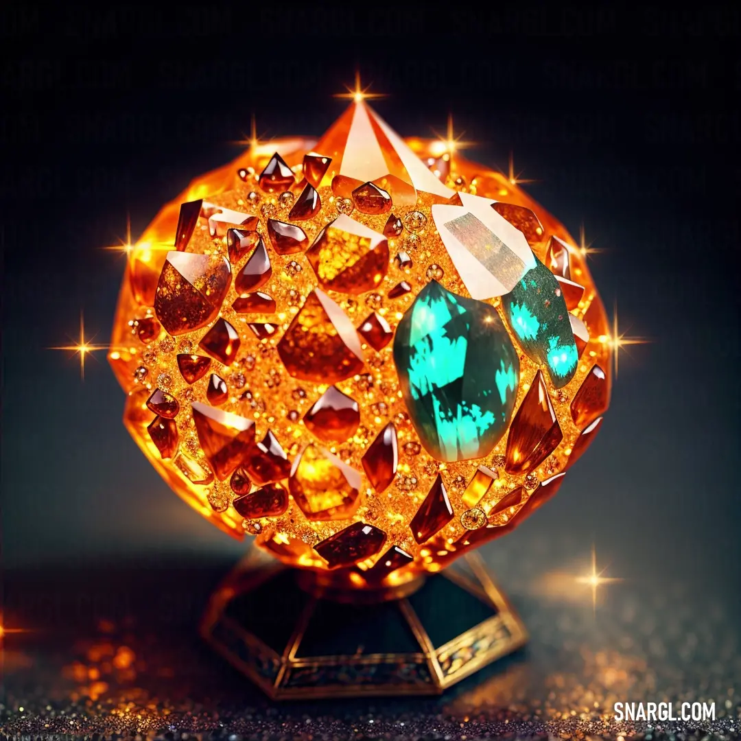 Golden ball with a green and blue crystal on top of it on a black surface with stars around it