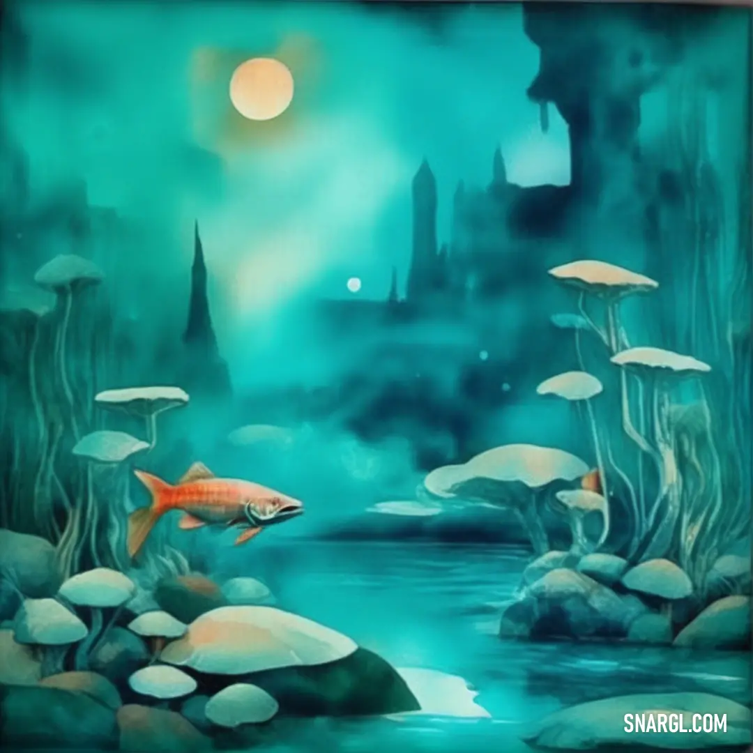 Painting of a fish in a pond with mushrooms and mushrooms on the rocks and a full moon in the sky. Example of CMYK 97,0,4,9 color.