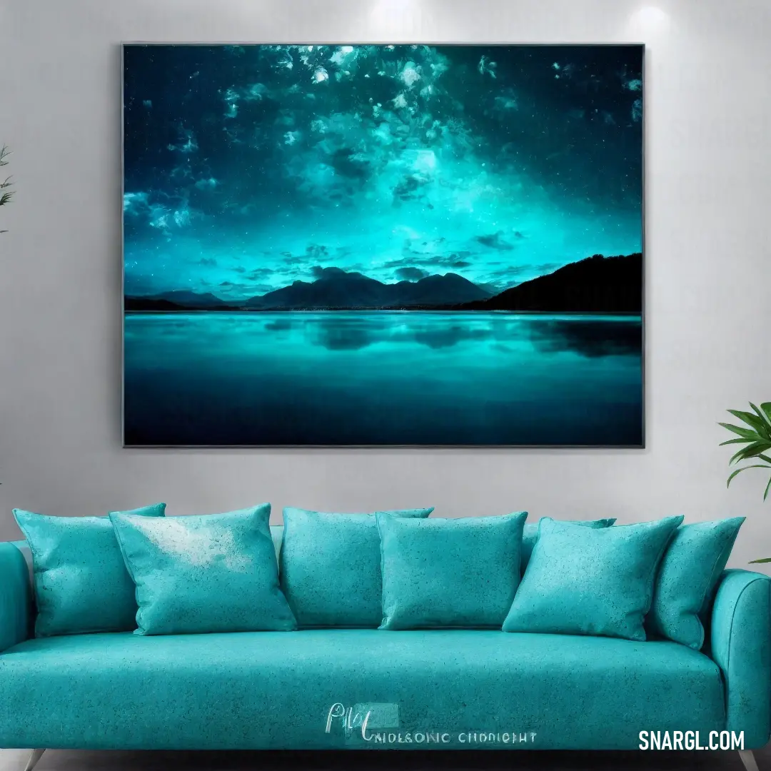 Painting of a night sky with stars above a lake and mountains in the distance with a blue couch