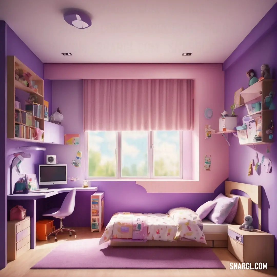 Bedroom with a purple wall and a desk and a bed in it and a window with curtains and a desk with a computer. Example of CMYK 10,31,0,9 color.