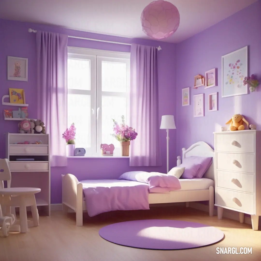 Bright ube color example: Bedroom with a purple wall and a white bed and dresser and a window with curtains and a pink rug